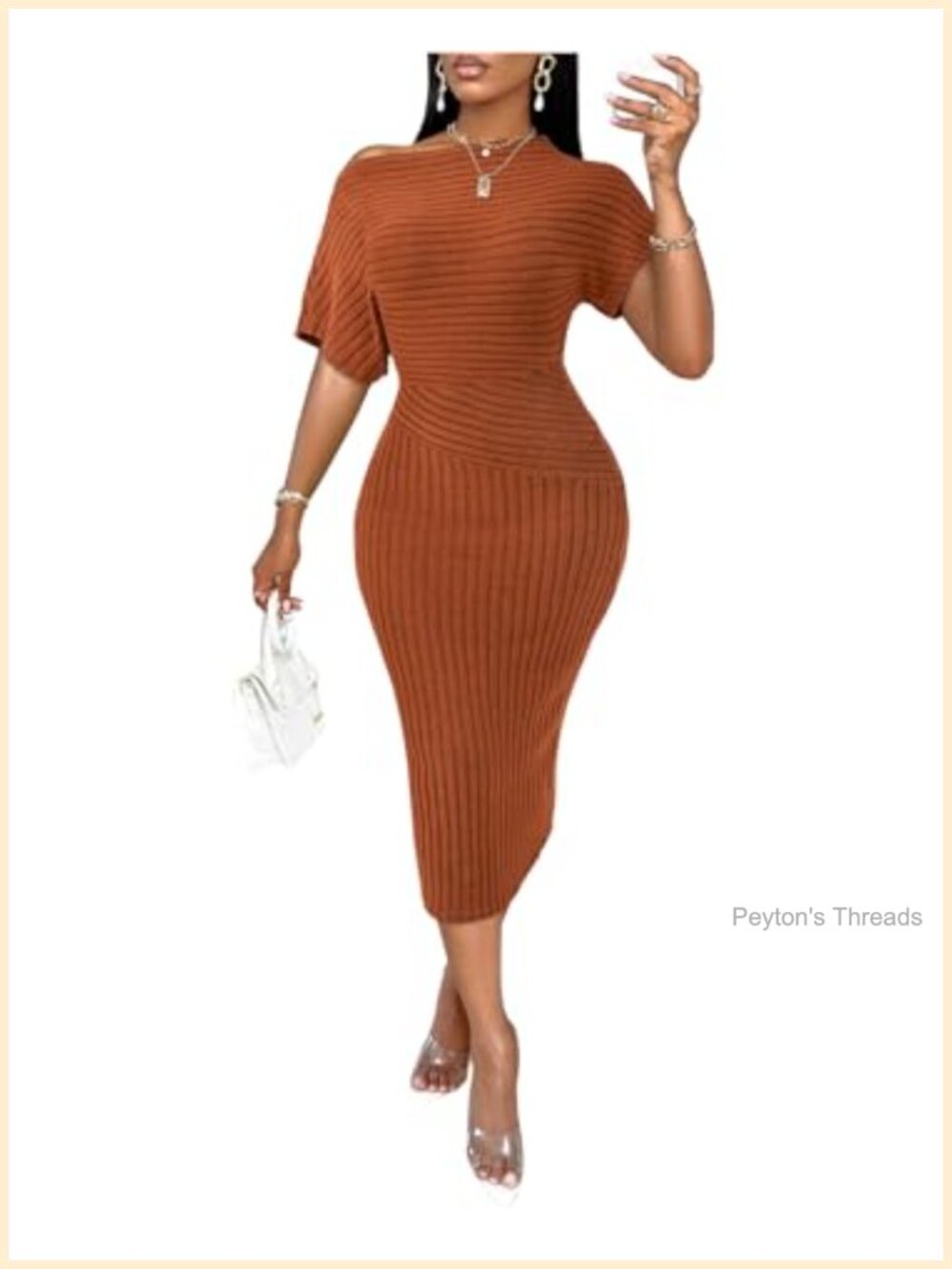 Rib Knit Dolman Sleeve Asymmetrical Neck Bodycon Midi Dress